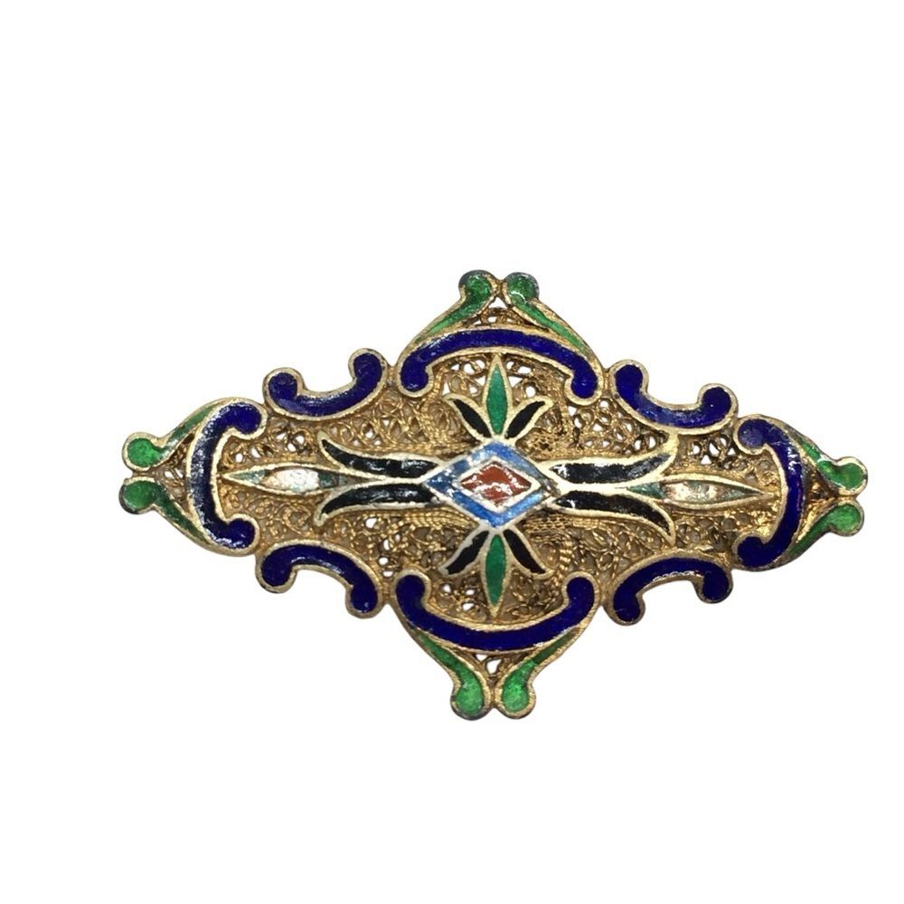 VINTAGE STERLING SILVER Brooch Enamel Filigree Art Nouveau Style Pin